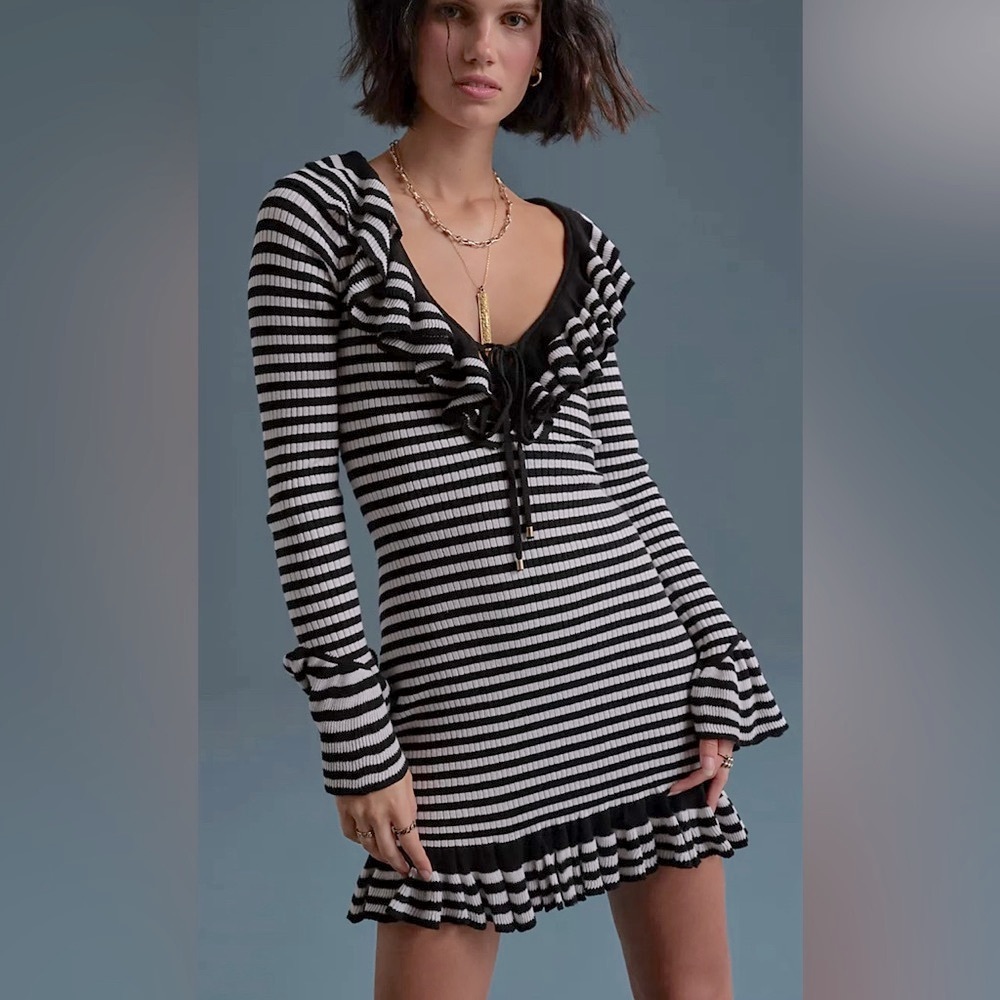 Free People Black and White Striped Ruffle Mini Dress